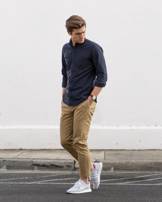 Men's Navy Long Sleeve Shirt, Khaki Chinos, Grey Athletic Shoes | Lookastic