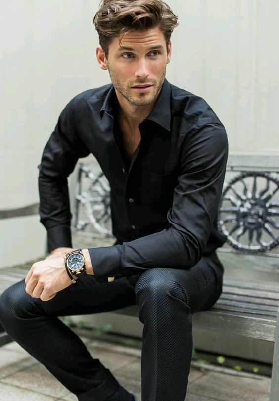 Men's Black Long Sleeve Shirt, Black Dress Pants, Black Leather Watch
