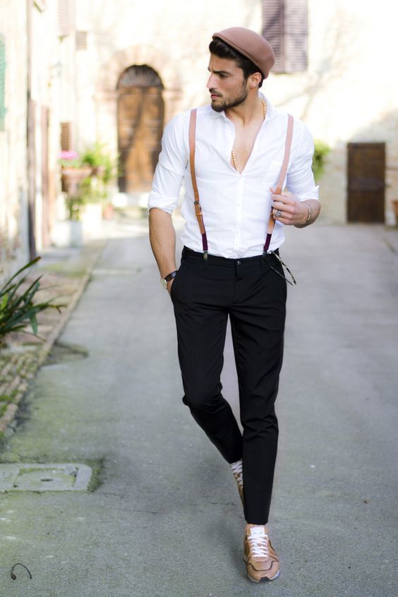 white dress shirt with suspenders