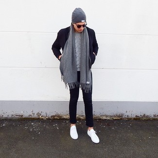 Men's White Low Top Sneakers, Navy Chinos, Grey Cable Sweater, Navy Wool Bomber Jacket