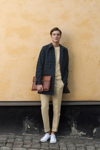 Men's White Canvas Low Top Sneakers, Yellow Chinos, Yellow Cable Sweater, Navy and Green Plaid Overcoat
