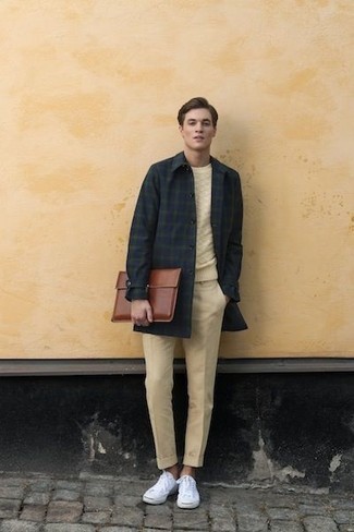 Men's White Canvas Low Top Sneakers, Beige Chinos, Beige Cable Sweater, Navy and Green Plaid Overcoat