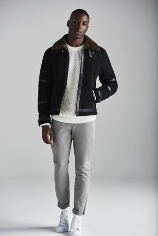 Men's White Leather Low Top Sneakers, Grey Chinos, White Cable Sweater, Black Shearling Jacket