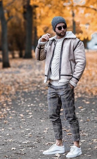 Men's White Leather Low Top Sneakers, Grey Check Wool Chinos, White Cable Sweater, Beige Shearling Jacket