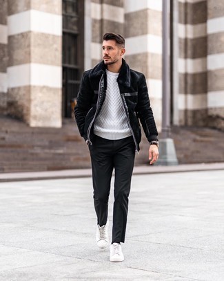 Men's White Canvas Low Top Sneakers, Black Chinos, White Cable Sweater, Black Shearling Jacket