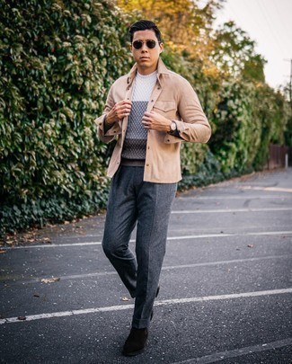 Tan Suede Shirt Jacket Outfits For Men: 