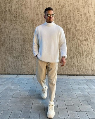 Men's White Canvas Low Top Sneakers, Beige Chinos, Beige Corduroy Chinos, White Knit Turtleneck