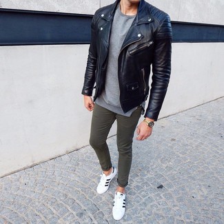 Men's White and Black Leather Low Top Sneakers, Olive Chinos, Grey Crew-neck Sweater, Black Leather Biker Jacket