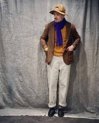 Dark Brown Herringbone Wool Blazer Outfits For Men: 