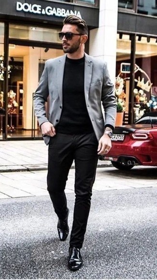 Men's Black Leather Oxford Shoes, Black Chinos, Black Crew-neck Sweater, Grey Blazer