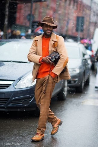 Men's Tobacco Leather Brogue Boots, Khaki Plaid Chinos, Orange Crew-neck Sweater, Tan Wool Blazer