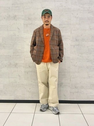Men's Grey Athletic Shoes, Beige Chinos, Orange Crew-neck Sweater, Brown Plaid Wool Blazer