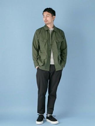 Men's Black Canvas Low Top Sneakers, Black Chinos, White Crew-neck Sweater, Olive Field Jacket