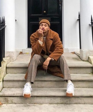 Men's White Athletic Shoes, Brown Plaid Chinos, White Crew-neck Sweater, Tobacco Fur Coat