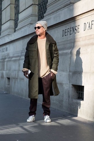 Dark Green Fur Collar Coat Outfits For Men: 