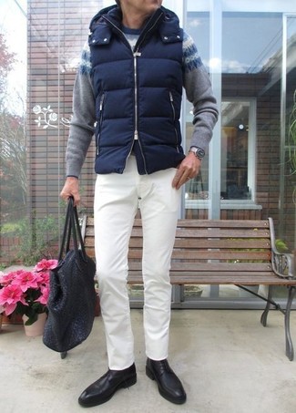 Men's Black Leather Derby Shoes, White Chinos, Grey Fair Isle Crew-neck Sweater, Navy Quilted Gilet
