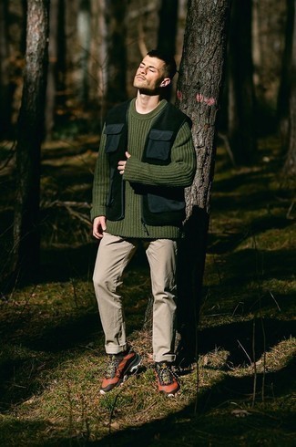 Olive Crew-neck Sweater Outfits For Men: 