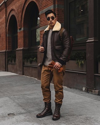 Dark Brown Leather Harrington Jacket Outfits: 