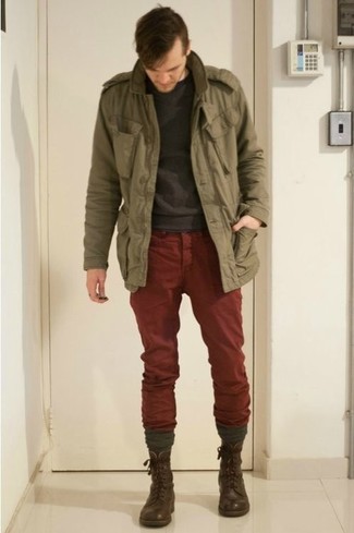Burgundy Chinos with Military Jacket Outfits: 