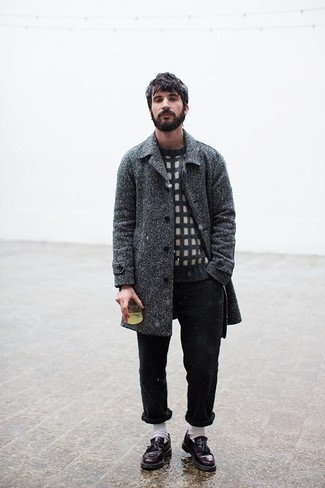 Black and White Check Crew-neck Sweater Outfits For Men: 