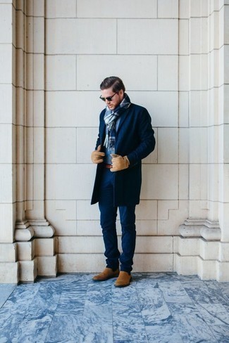 Navy Plaid Scarf Spring Outfits For Men: 