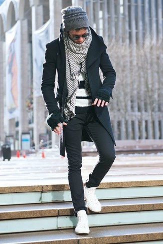 Men's White High Top Sneakers, Black Chinos, White and Black Horizontal Striped Crew-neck Sweater, Black Overcoat