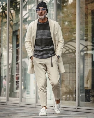 Men's White Canvas Low Top Sneakers, Beige Chinos, Charcoal Horizontal Striped Crew-neck Sweater, Beige Overcoat