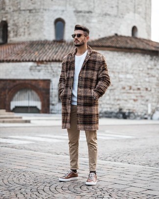 Men's Brown Leather Low Top Sneakers, Khaki Chinos, White Crew-neck Sweater, Brown Plaid Overcoat