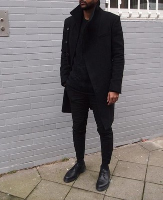 Men's Black Leather Derby Shoes, Black Chinos, Black Crew-neck Sweater, Black Overcoat