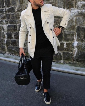 Black Leather Slip-on Sneakers Cold Weather Outfits For Men: 