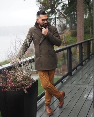 Men's Brown Leather Casual Boots, Tobacco Chinos, Navy Crew-neck Sweater, Olive Pea Coat