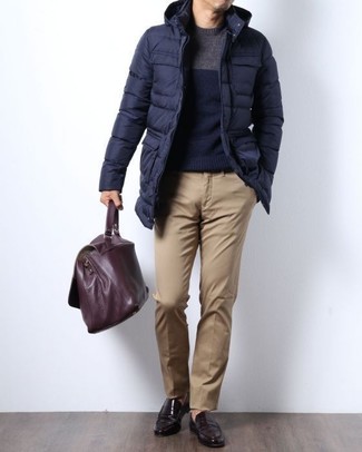 Men's Dark Brown Leather Loafers, Khaki Chinos, Navy Crew-neck Sweater, Navy Puffer Coat