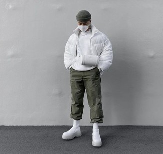 Men's White Leather Chelsea Boots, Olive Chinos, White Crew-neck Sweater, White Puffer Jacket