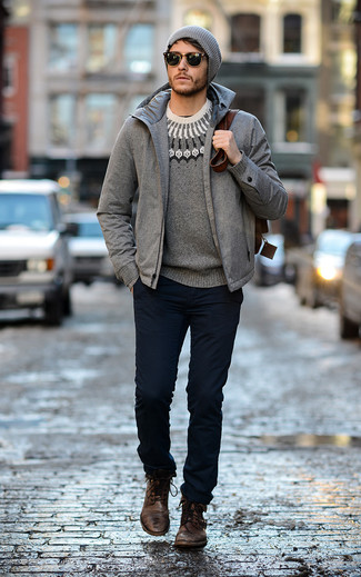Men's Dark Brown Leather Casual Boots, Navy Chinos, Grey Fair Isle Crew-neck Sweater, Grey Puffer Jacket