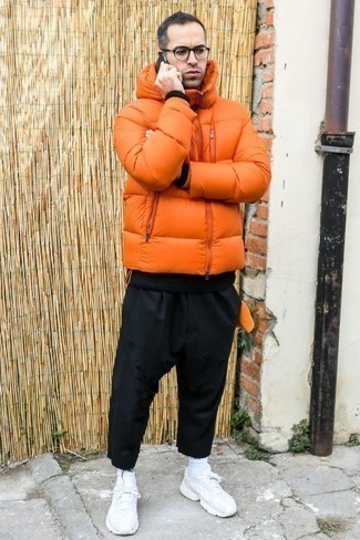 Orange Puffer Jacket Outfits For Men: 