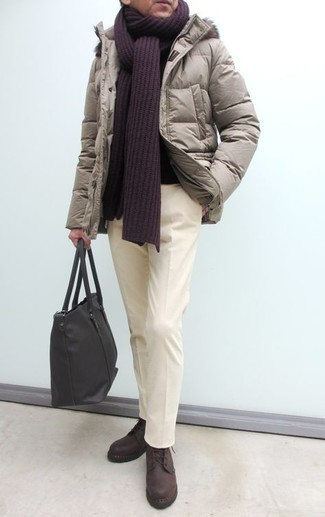 Men's Dark Brown Leather Casual Boots, White Chinos, Black Crew-neck Sweater, Grey Puffer Jacket