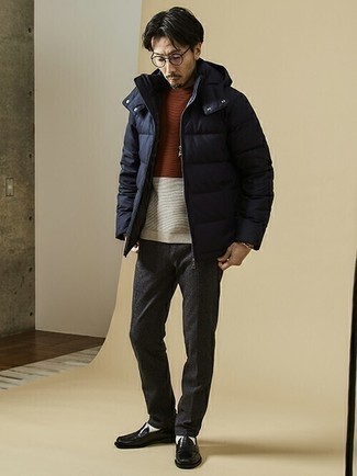 Navy Puffer Jacket Outfits For Men: 