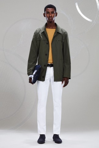Men's Black Suede Derby Shoes, White Chinos, Yellow Crew-neck Sweater, Olive Raincoat