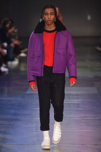 Men's White Leather Low Top Sneakers, Black Chinos, Red Crew-neck Sweater, Purple Shearling Jacket