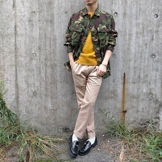 Men's Black Leather Loafers, Beige Chinos, Mustard Crew-neck Sweater, Olive Camouflage Shirt Jacket