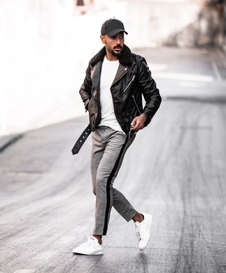 Men's White Leather Low Top Sneakers, Grey Plaid Chinos, White Crew-neck T-shirt, Black Leather Biker Jacket