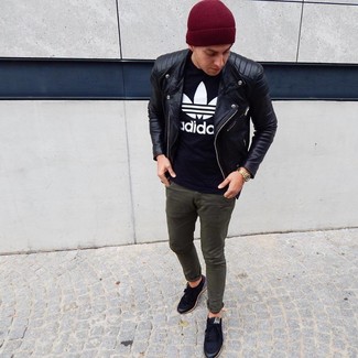 Men's Black Low Top Sneakers, Olive Chinos, Black and White Print Crew-neck T-shirt, Black Leather Biker Jacket