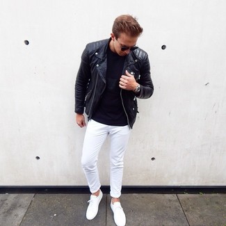 Black Leather Biker Jacket with White Low Top Sneakers Outfits For Men: 