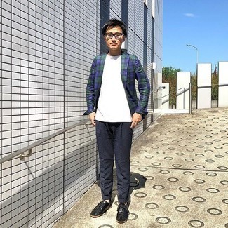 Men's Black Leather Low Top Sneakers, Navy Chevron Chinos, White Crew-neck T-shirt, Navy and Green Plaid Blazer