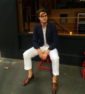 Men's Brown Leather Loafers, White Chinos, White and Navy Horizontal Striped Crew-neck T-shirt, Navy Blazer