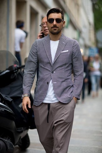 Purple Check Blazer Outfits For Men: 