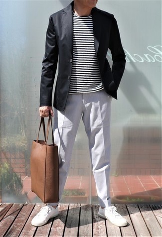 White and Black Horizontal Striped Crew-neck T-shirt Outfits For Men After 50: 