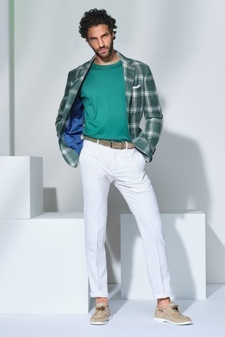 Green Crew-neck T-shirt Outfits For Men: 
