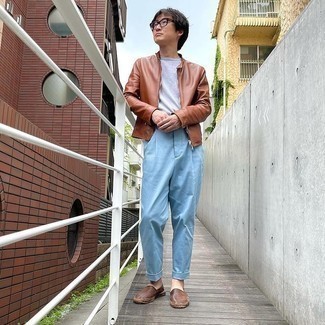 Men's Brown Leather Espadrilles, Light Blue Chinos, Grey Crew-neck T-shirt, Brown Leather Bomber Jacket