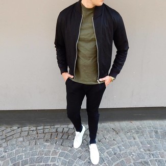 Men's White Low Top Sneakers, Black Chinos, Olive Crew-neck T-shirt, Black Bomber Jacket